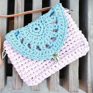 Handbag Light Pink/Sky-Blue Handmade Yarn bag Unique Knitted bag